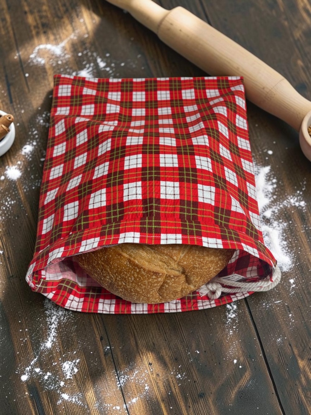 Christmas Red Plaid Cotton Bread Bag, Holiday Reusable Sourdough Bread Storage